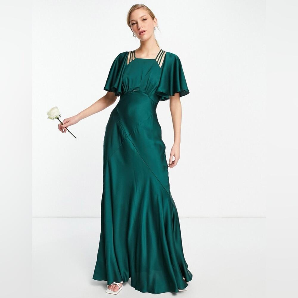 $160 ASOS DESIGN Bridesmaid satin flutter sleeve maxi dress strap details forest